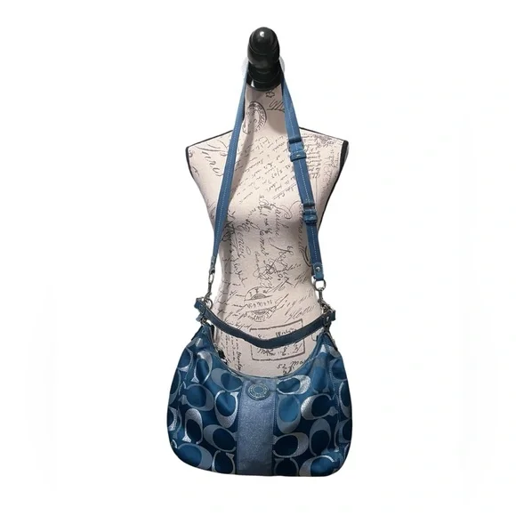 COACH F20428 Signature Handbag Teal Green Silver Jacquard Women Vintage - Picture 6 of 12